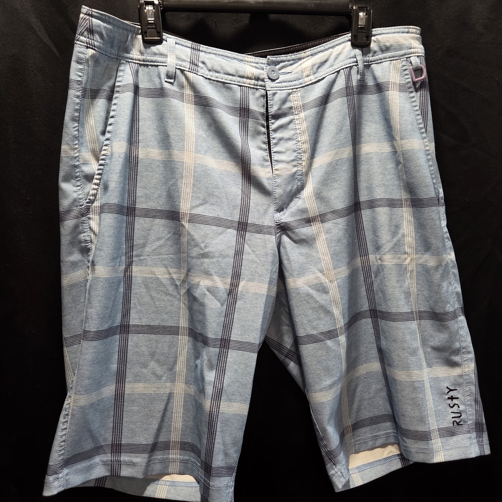 Rusty Blue Plaid Board Shorts Mens Sz 36 Swim Trunks 4-Way Stretch Surf Skater